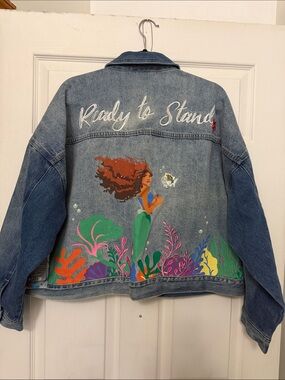 Disney Blue Denim Jean Jacket with Colorful Mermaid Back Art